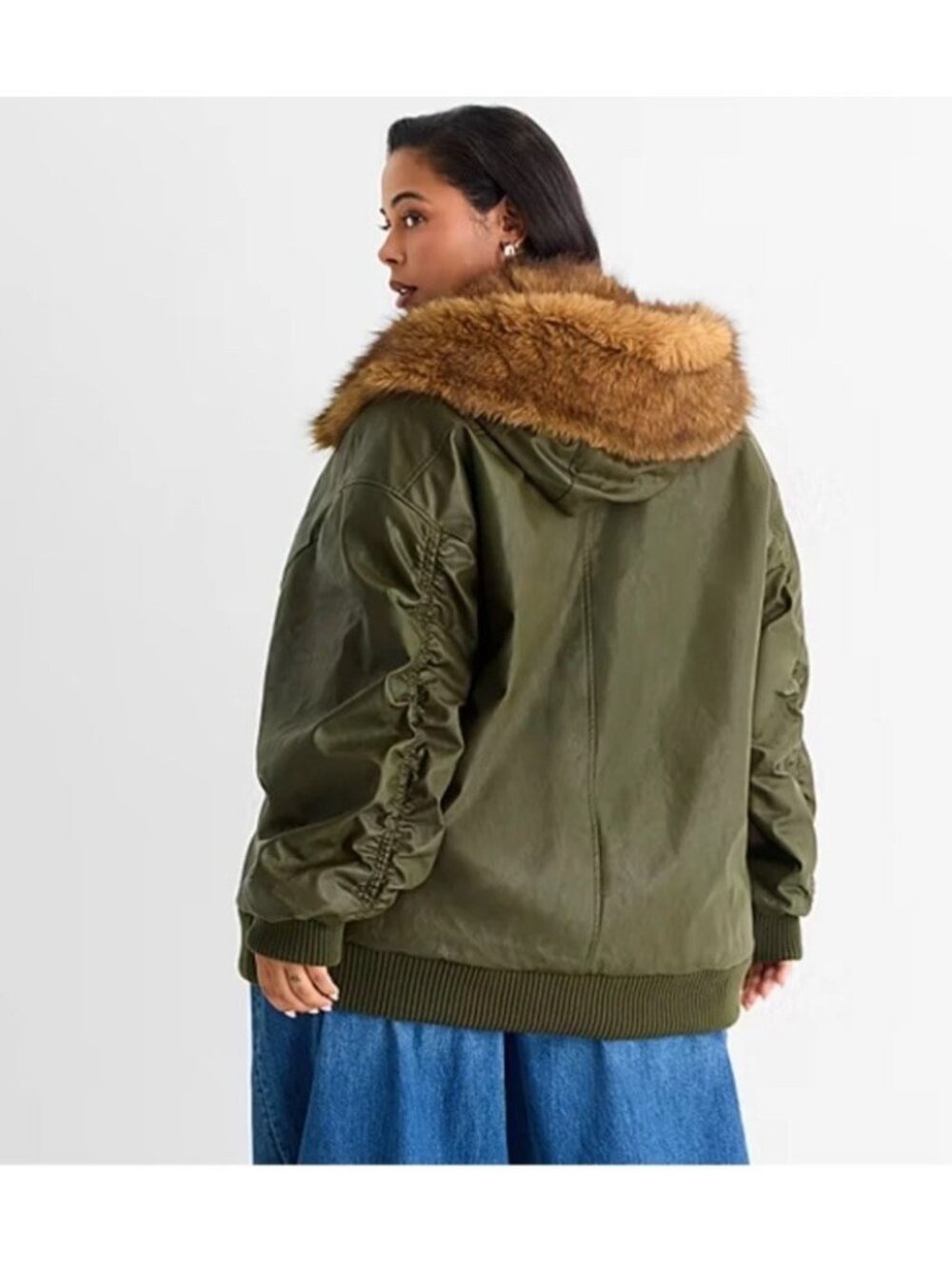 Ashley Graham 4X Olive Green Faux Leather Bomber Jacket W/ Brown Faux-Fur Hood - Picture 5 of 9